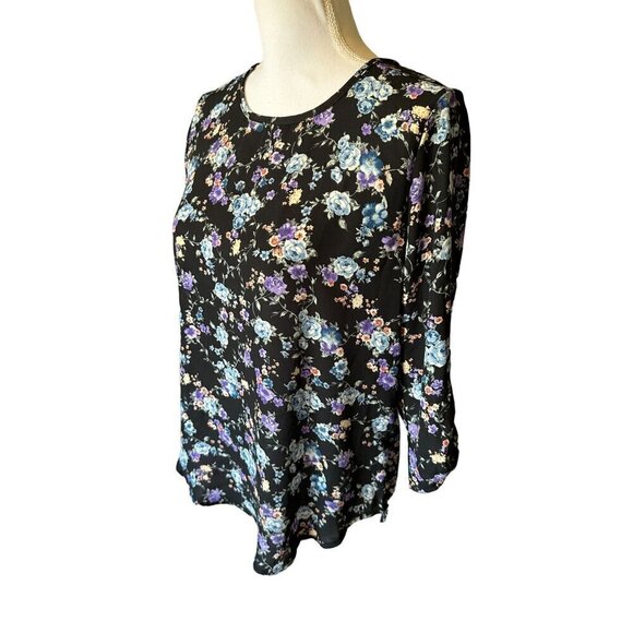 Pink Republic Blouse Size M Floral Top Black Dusty Blue 3/4 Roll Tab Sleeve - Picture 3 of 12